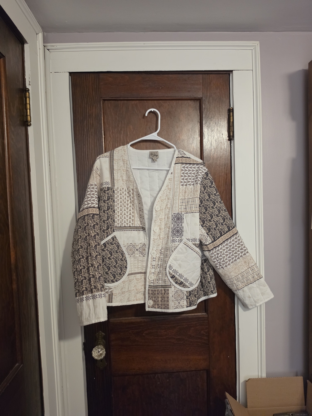 Como Vintage Neutral Patchwork Quilted Button-Front Cardigan
